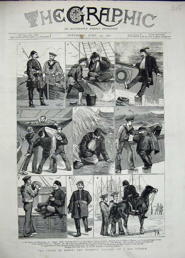 Old Antique Print 1882 Crisis Egypt Turkish Cavass Sea Voyage War Ships 19th
