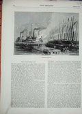 Original Old Antique Print 1870 Spanish Gunboats War Ships Men Boats Fine Art