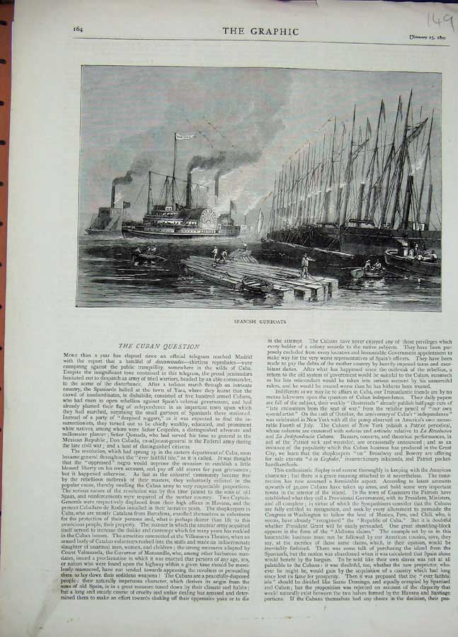 Original Old Antique Print 1870 Spanish Gunboats War Ships Men Boats Fine Art