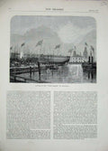 Original Old Antique Print 1870 Launch Fethi Bulens Blackwall War Ship Sea 19th