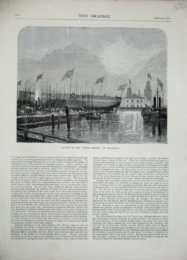 Original Old Antique Print 1870 Launch Fethi Bulens Blackwall War Ship Sea 19th