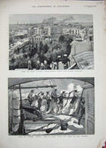 Original Old Antique Print 1882 Fort Pharos Alexandria Greek Church Condor Ship