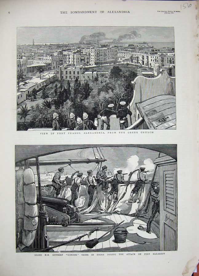 Original Old Antique Print 1882 Fort Pharos Alexandria Greek Church Condor Ship