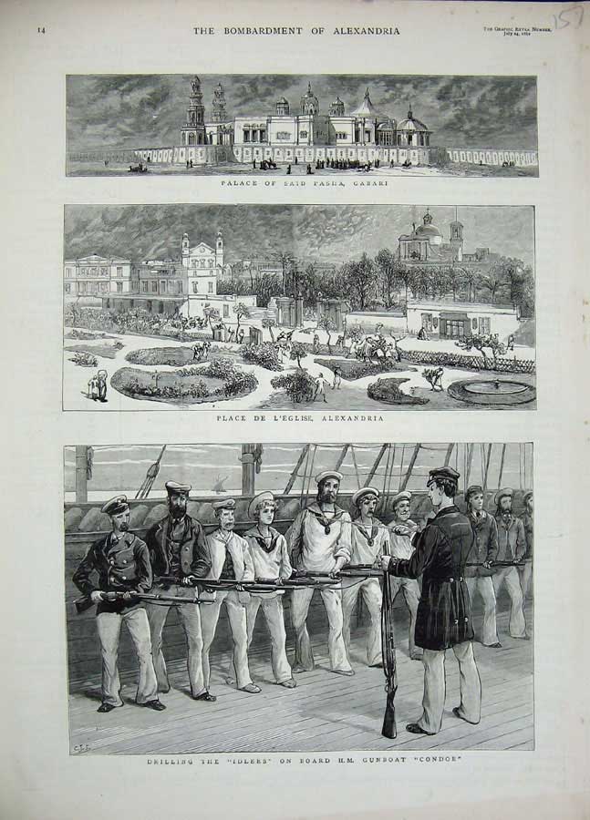 Old Antique Print 1882 Ship Gunboat Condor Alexandria Palace Pasha Gabari 19th