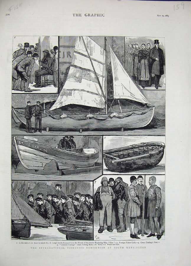Old Antique Print 1883 International Fisheries Kensington Boats Eira Ship 19th