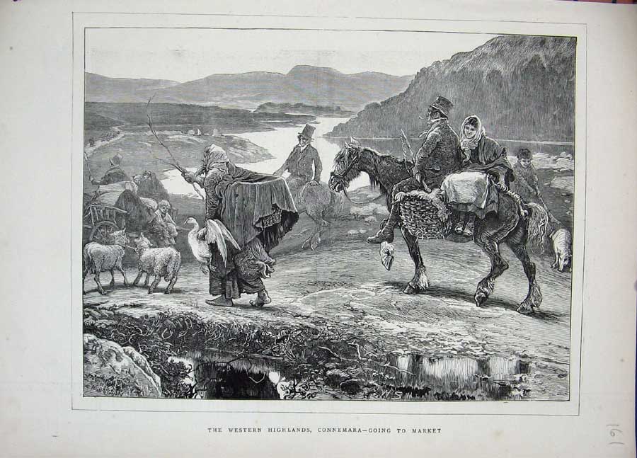 Old Antique Print 1871 Scotland Highlands Connemara Market Horses Hills 19th