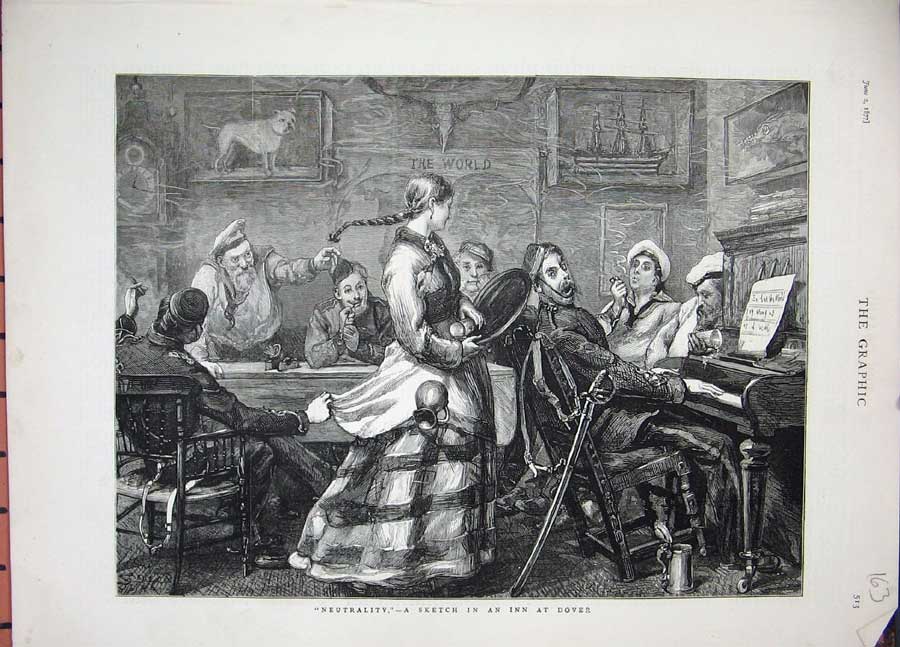 Original Old Antique Print 1877 Inn Dover Music Piano Lady Men Table Fine Art