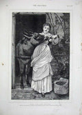 Original Old Antique Print 1876 Fine Art Lady Flowers Donkey Basket House Woman
