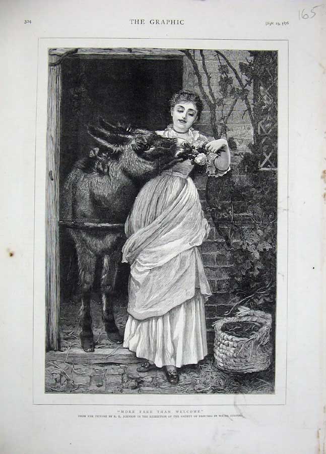 Original Old Antique Print 1876 Fine Art Lady Flowers Donkey Basket House Woman