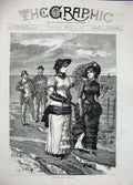 Original Old Antique Print 1882 Fine Art Men Women Beach Sea Yachts Romance