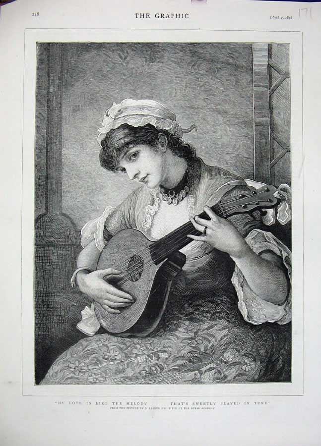 Old Antique Print 1878 Parker Fine Art Portrait Lady Woman Music Melody 19th