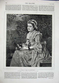 Original Old Antique Print 1878 Roses Butterflies Beautiful Lady Woman Portrait