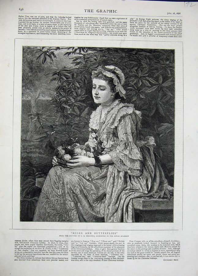 Original Old Antique Print 1878 Roses Butterflies Beautiful Lady Woman Portrait