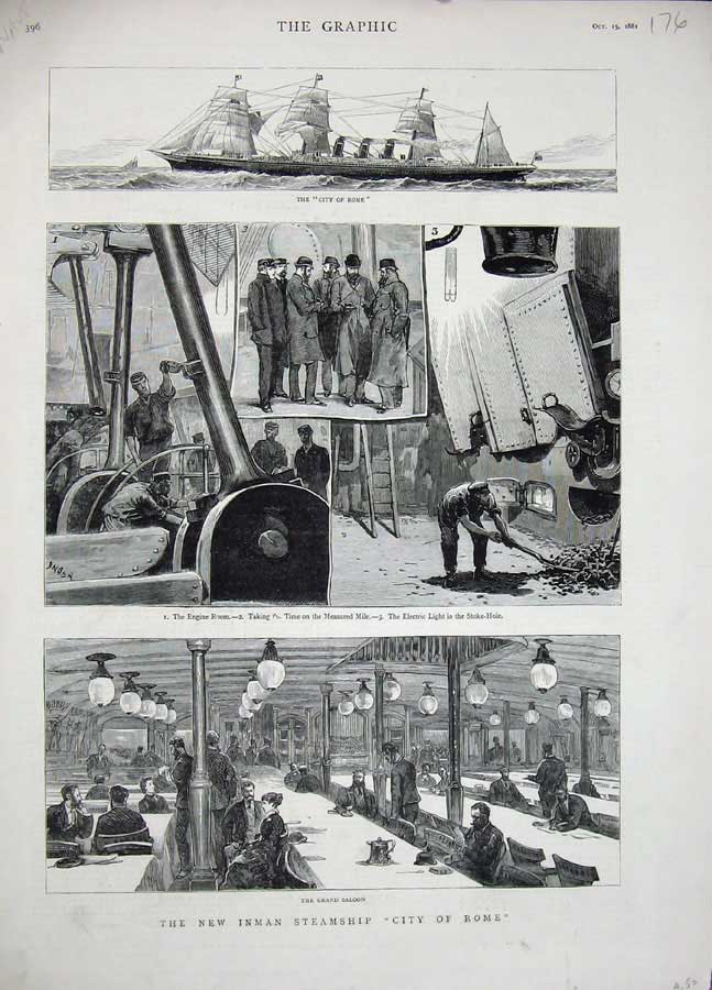 Old Antique Print 1881 New Inman Steamship City Rome Grand Saloon Engine 19th