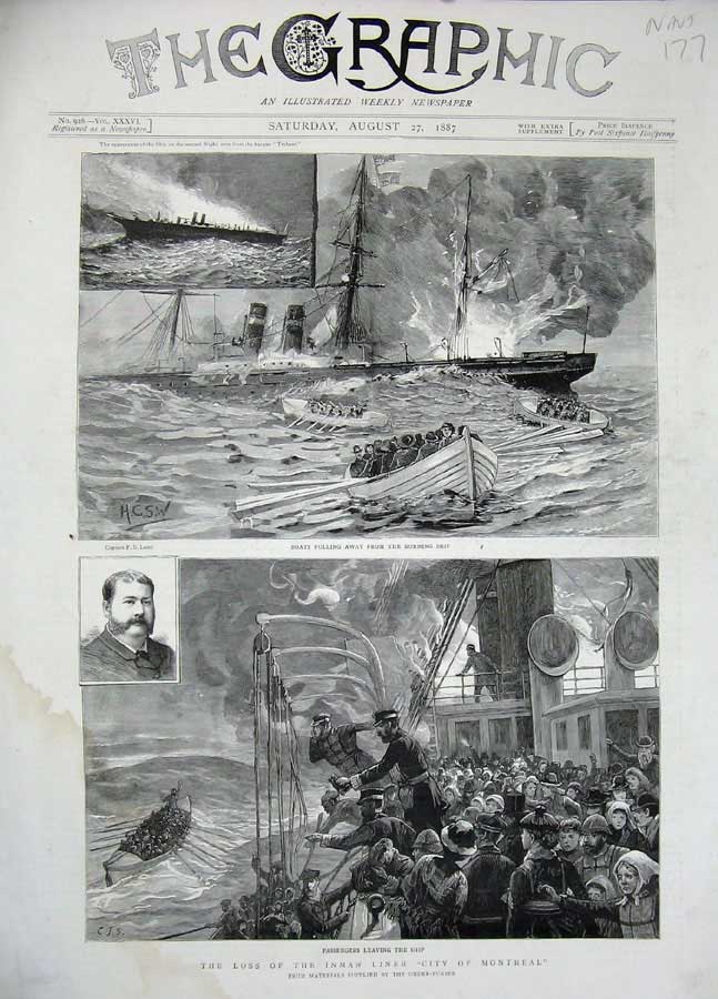 Old Antique Print 1887 Boats Burning Ship Inman Liner City Montreal Land 19th