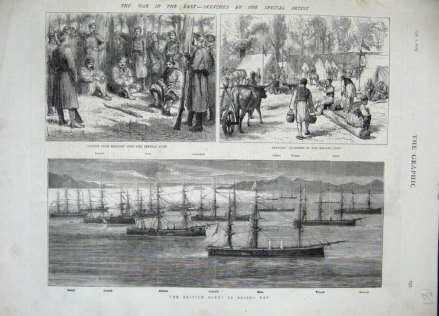 Old Antique Print 1876 War East British Ships Sultan Monarch Servian Camp 19th