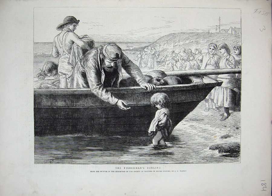 Original Old Antique Print 1871 Fisherman Darling Little Girl Boat Beach 19th