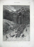 Old Antique Print 1876 War East Stampede Cattle Horses Men Trees Fine Art 19th