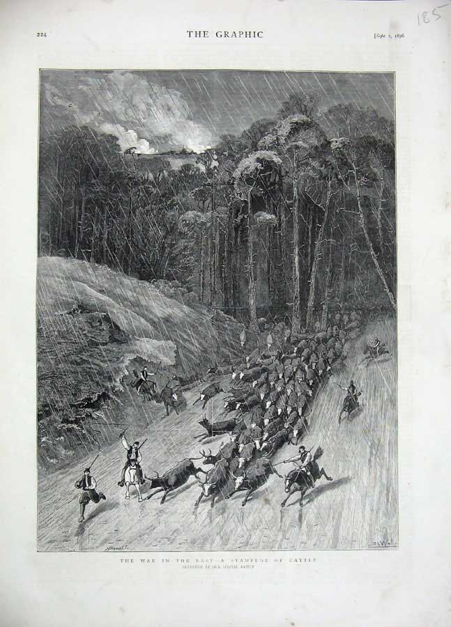 Old Antique Print 1876 War East Stampede Cattle Horses Men Trees Fine Art 19th