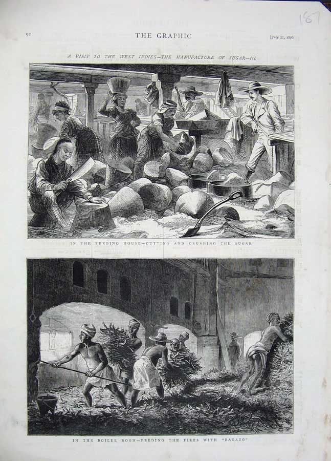 Original Old Antique Print 1876 West Indies Maufacture Sugar Purging Bagazo Art