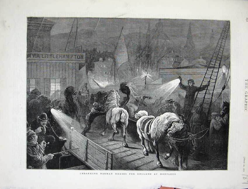 Old Antique Print Embarking Norman Horses England Honfleur 1877 Ship Art 19th