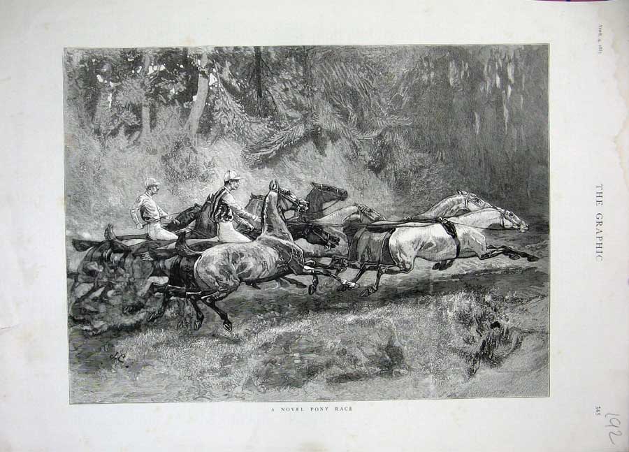 Original Old Antique Print 1885 Pony Race Horses Jockey Sport Trees Victorian