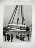 Original Old Antique Print 1893 Changing Guns Barbette Battle Ship Men War 19th