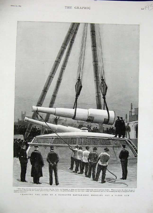 Original Old Antique Print 1893 Changing Guns Barbette Battle Ship Men War 19th