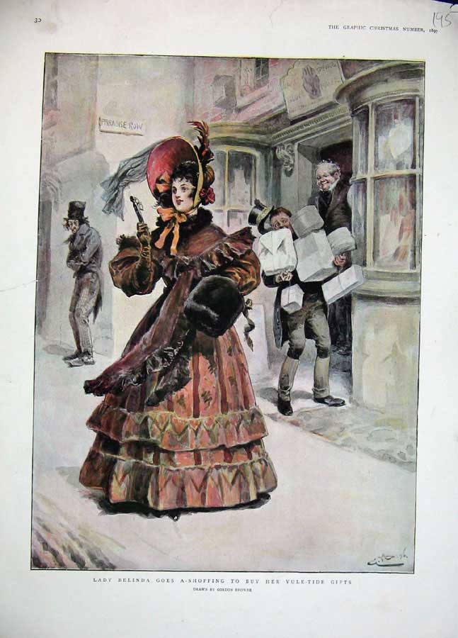 Original Old Antique Print 1897 Lady Belinda Shopping Christmas Presents Colour