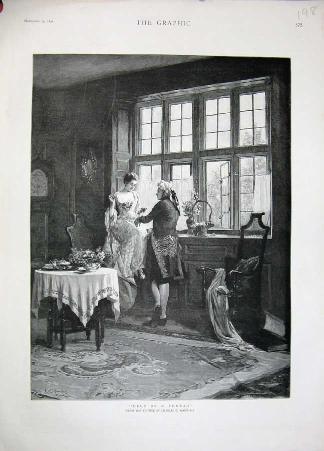Original Old Antique Print 1891 Man Woman Romance House Window Table Marshall