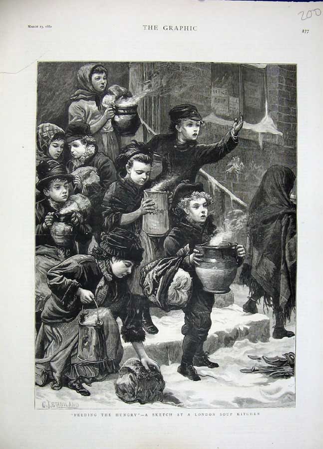 Original Old Antique Print 1880 London Soup Kitchen Feeding Hungry Children Art