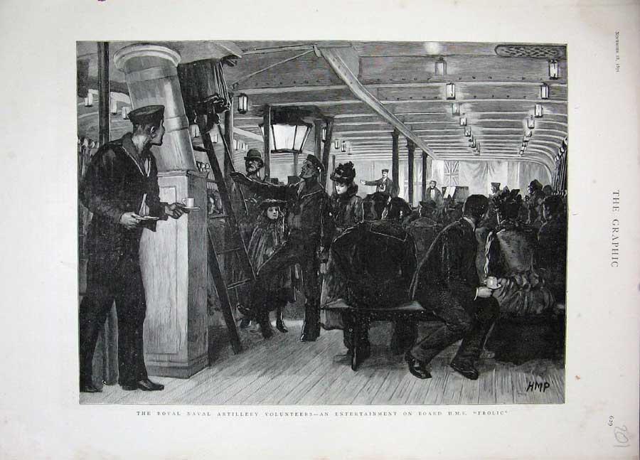 Old Antique Print 1891 Royal Naval Artillery Volunteers Ship Frolic War 19th