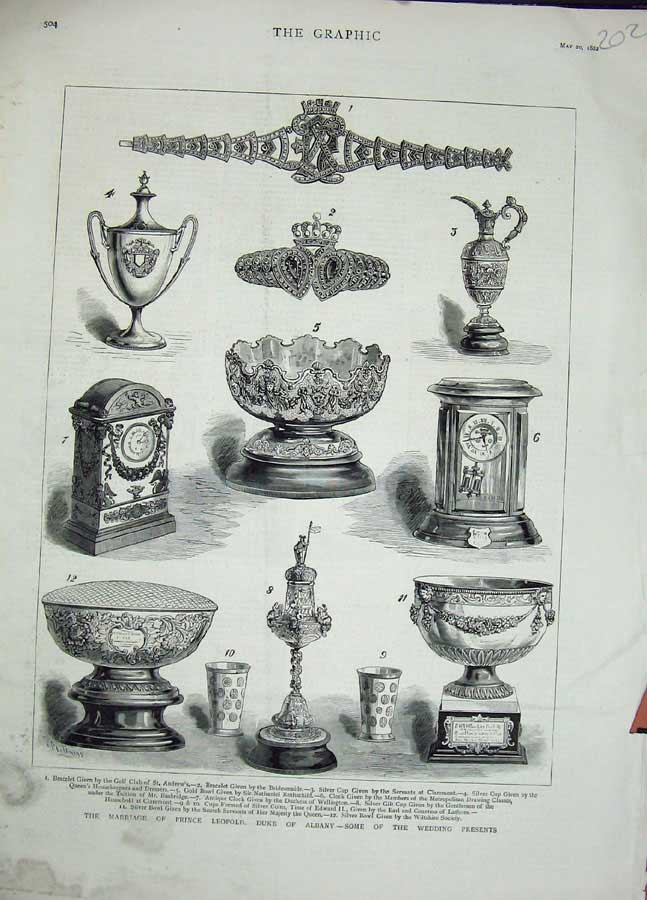 Original Old Antique Print 1882 Marriage Prince LeopDuke Albany Presents Clock