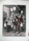 Original Old Antique Print 1891 Colour Children Lamp Lights Brittany France