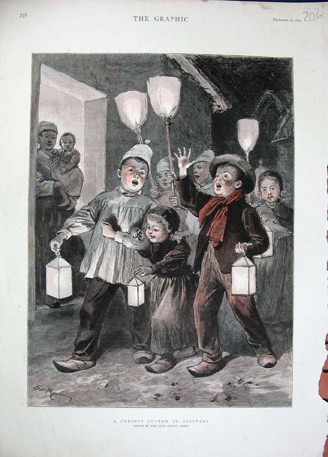 Original Old Antique Print 1891 Colour Children Lamp Lights Brittany France