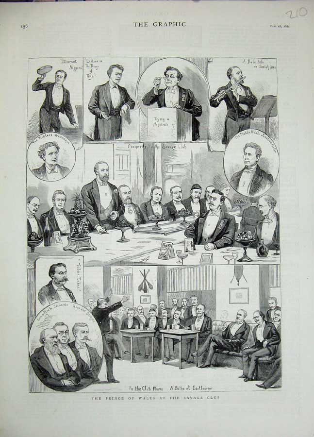 Original Old Antique Print 1882 Prince Wales Savage Club Eastbourne Flute Music