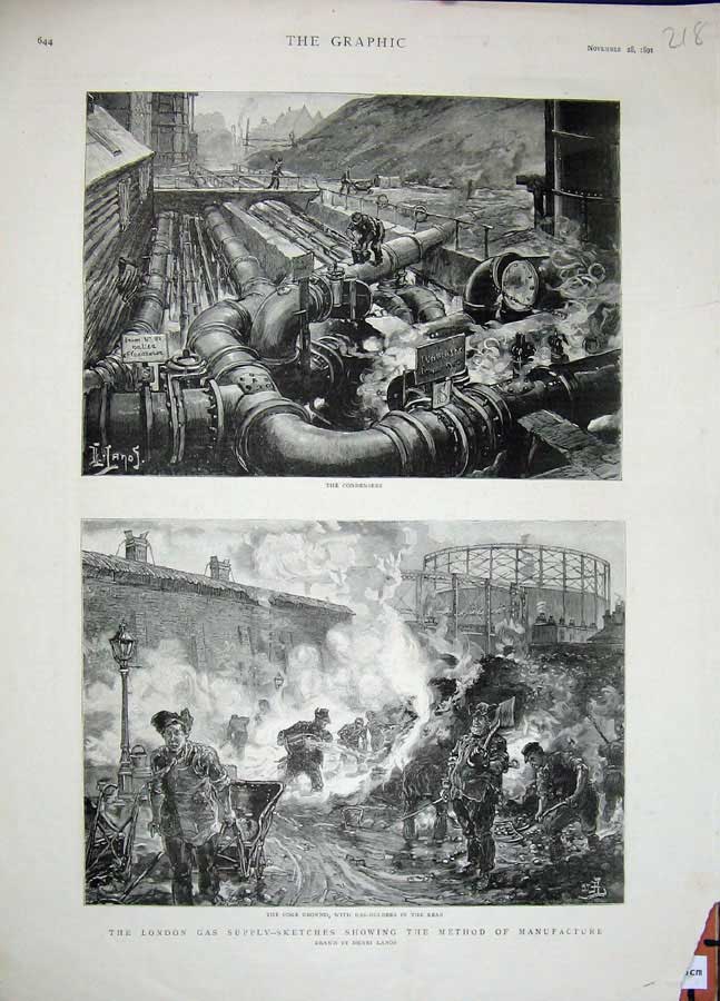 Original Old Antique Print 1891 London Gas Supply Manufacturing Coke Condensers