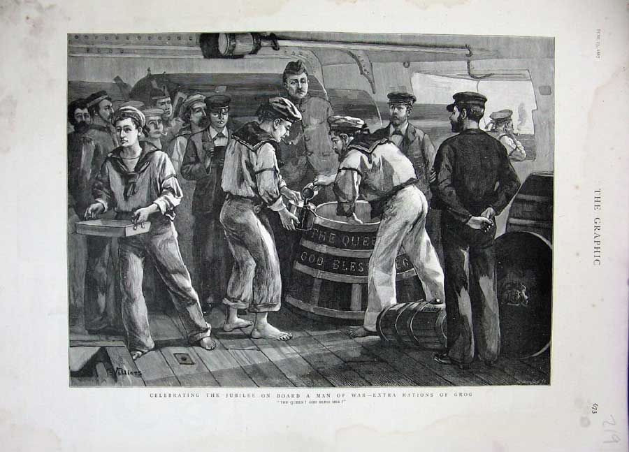 Original Old Antique Print 1887 Jubille Man War Ship Rations Grog Navy Sailors