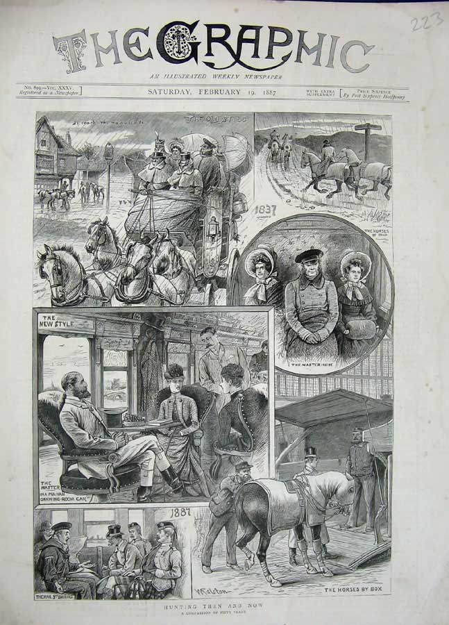 Old Antique Print 1887 Hunting Horses Train Carriage Pulman Dining Coach 19th