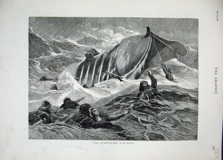 Original Old Antique Print 1882 Overturned Life Boat Sea People Storm Fine Art