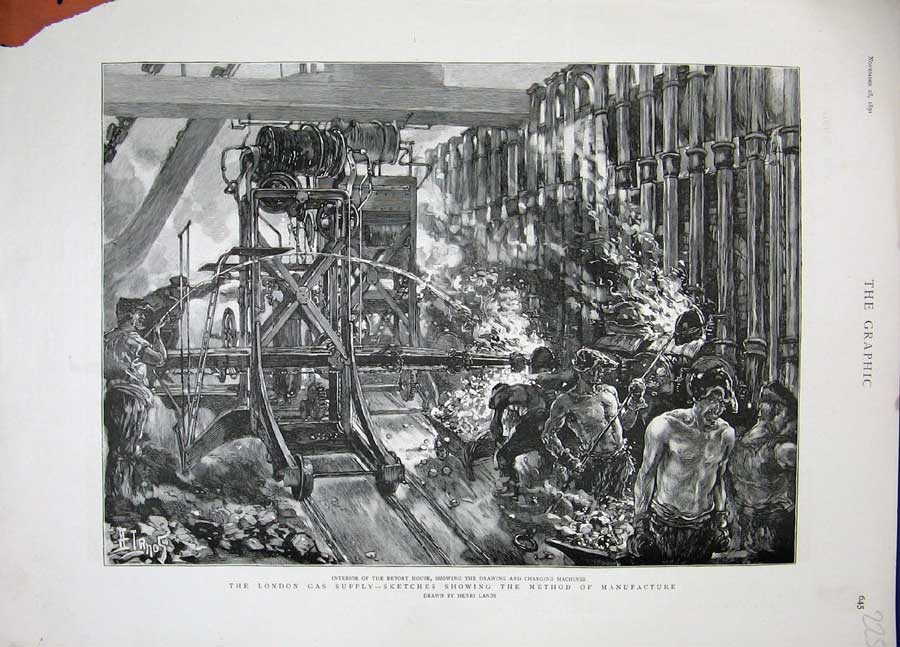 Old Antique Print 1891 London Gas Supply Retort House Manufacture Machine 19th