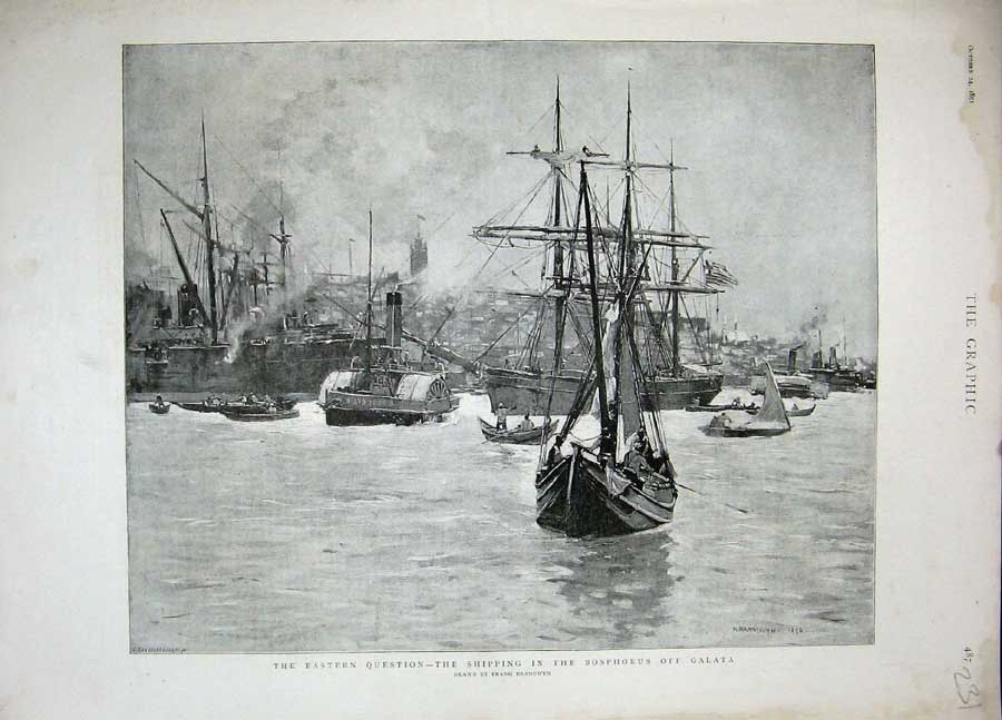 Original Old Antique Print Shipping Bosphorus Galata 1891 War Ships Sailing Art