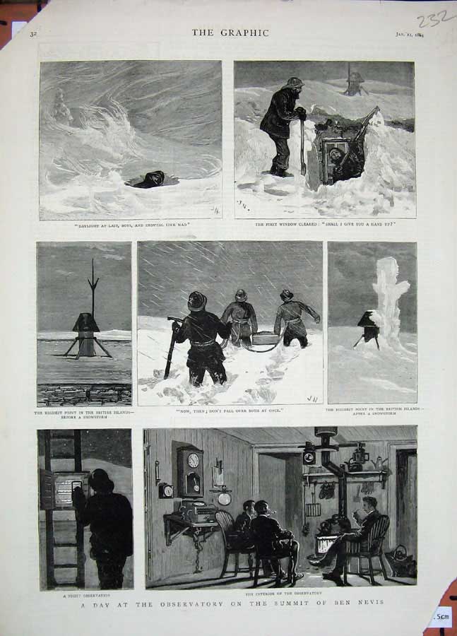 Old Antique Print 1884 Observatory Summit Ben Nevis Snowstorm Mountains 19th
