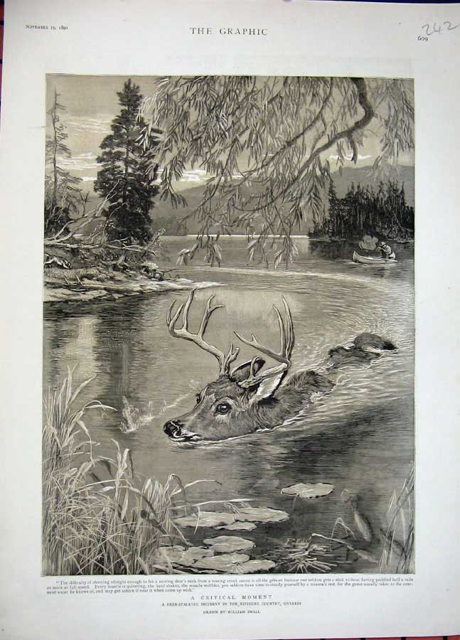 Old Antique Print 1892 Deer Stalking Nipissing Country Ontario Canada Art 19th