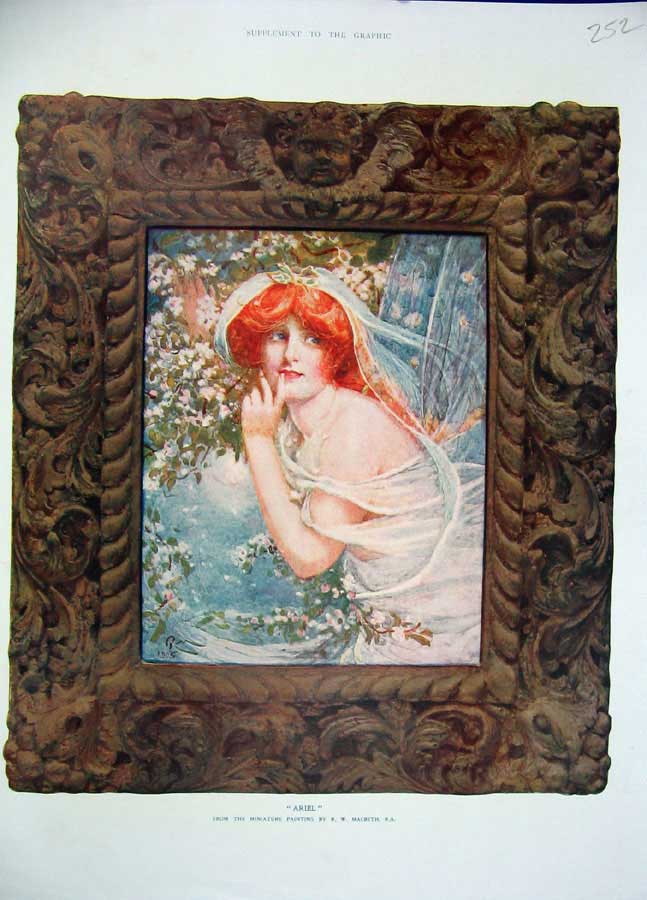 Original Old Antique Print Colour Ariel Beautiful Woman Lady Macbeath Art