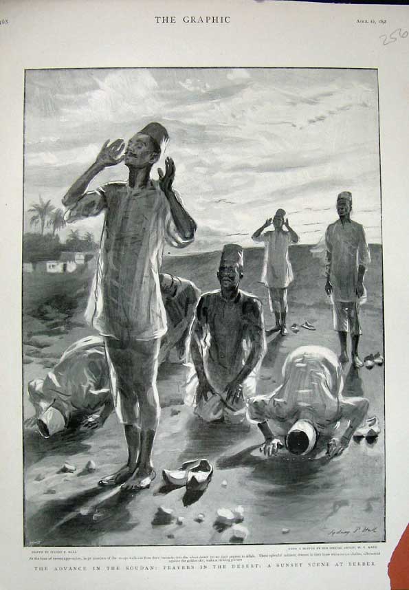 Original Old Antique Print 1898 Advance Soudan Prayers Desert Berber War Siers