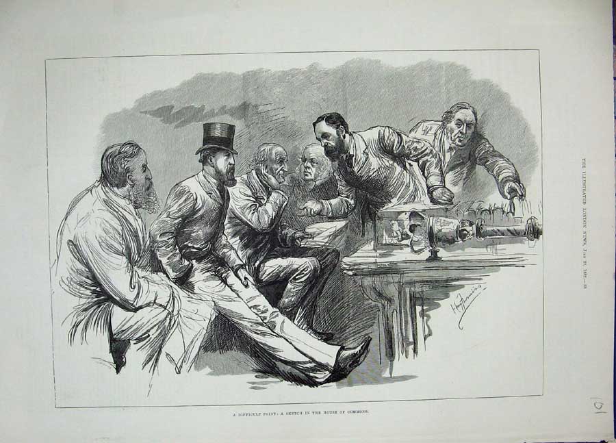 Original Old Antique Print 1882 House Commons Men Meeting Table Parliament 19th