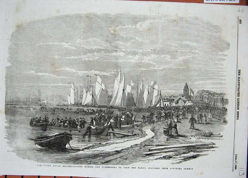 Original Old Antique Print 1856 Naval Review Yachts Passengers Southsea Common