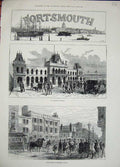 Original Old Antique Print 1882 Portsmouth Railway Station Government House Art