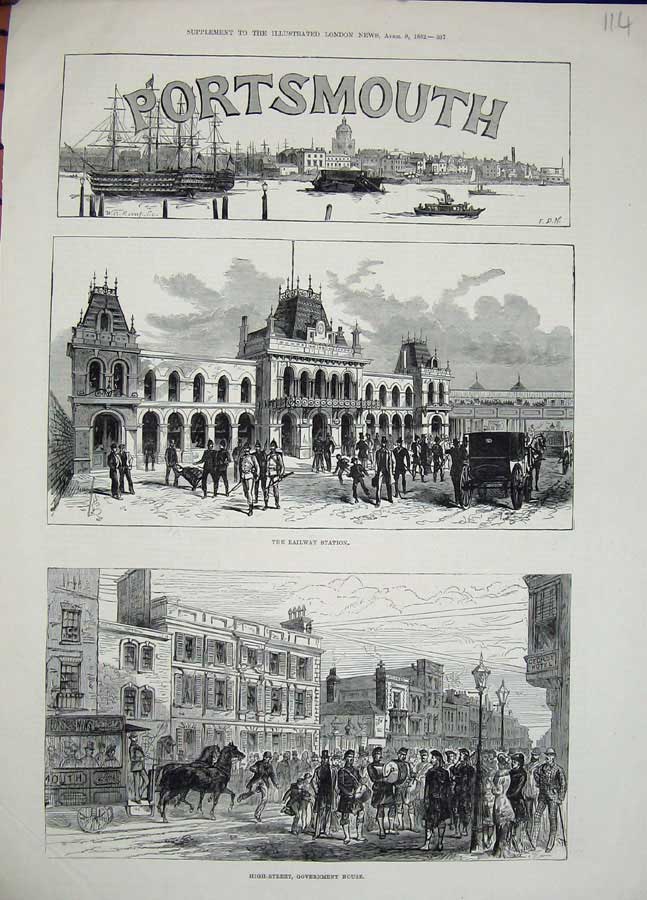 Original Old Antique Print 1882 Portsmouth Railway Station Government House Art